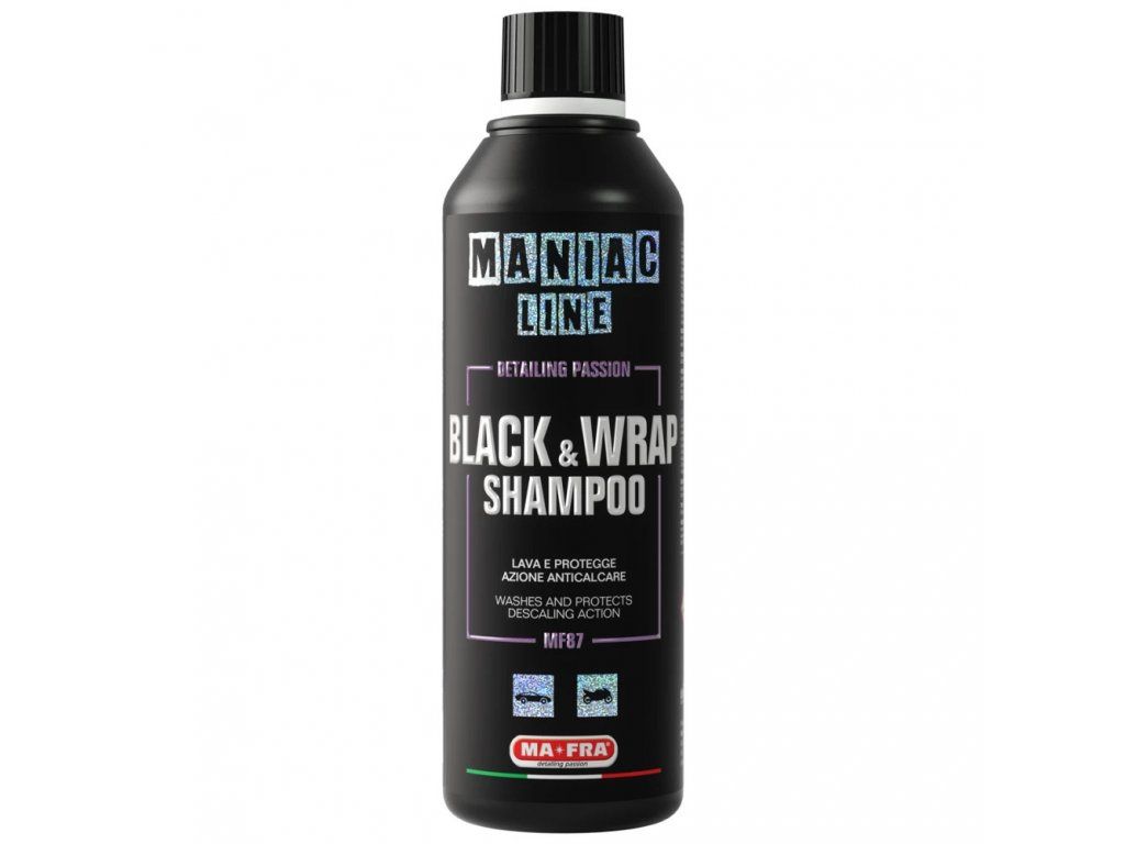 Maniac Line Black & Wrap Shampoo | šampon na černý a foliovaný lak 500 ml Speciální šampon s pH 3 pro matné, černé a foliované povrchy – čistí bez šmouh a zvýrazňuje hloubku barvy